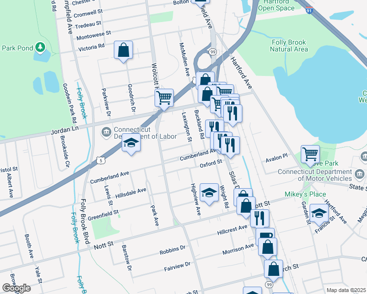 map of restaurants, bars, coffee shops, grocery stores, and more near 55 Rockland Street in Wethersfield