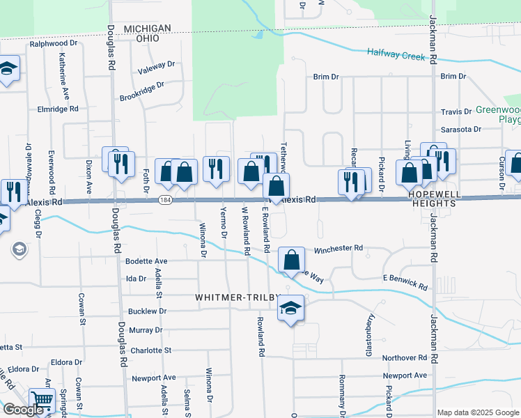 map of restaurants, bars, coffee shops, grocery stores, and more near 2123 W Alexis Rd in Toledo