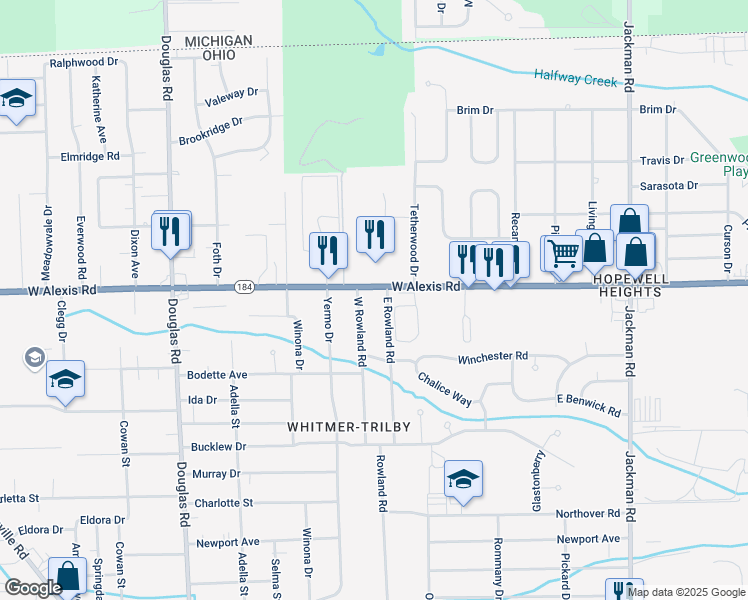 map of restaurants, bars, coffee shops, grocery stores, and more near 2123 W Alexis Rd in Toledo