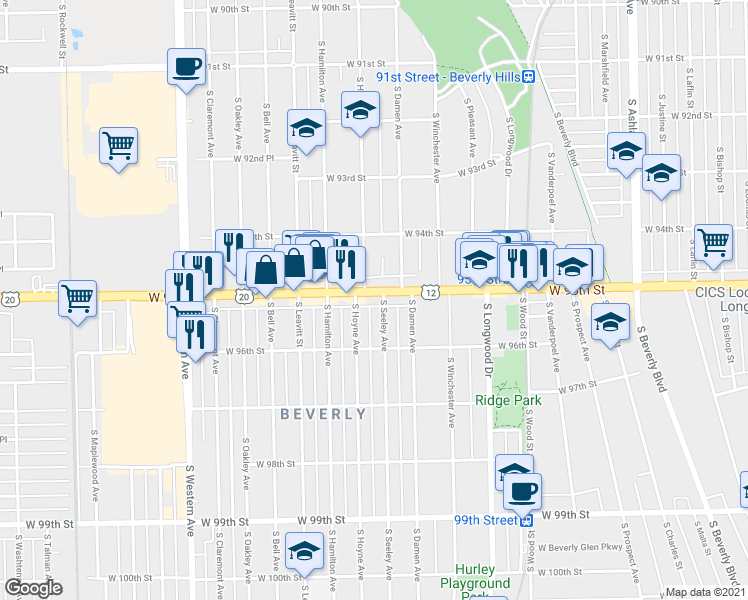 map of restaurants, bars, coffee shops, grocery stores, and more near 2023 West 95th Street in Chicago
