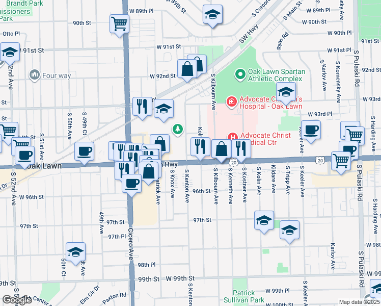 map of restaurants, bars, coffee shops, grocery stores, and more near 9432 Kolmar Avenue in Oak Lawn