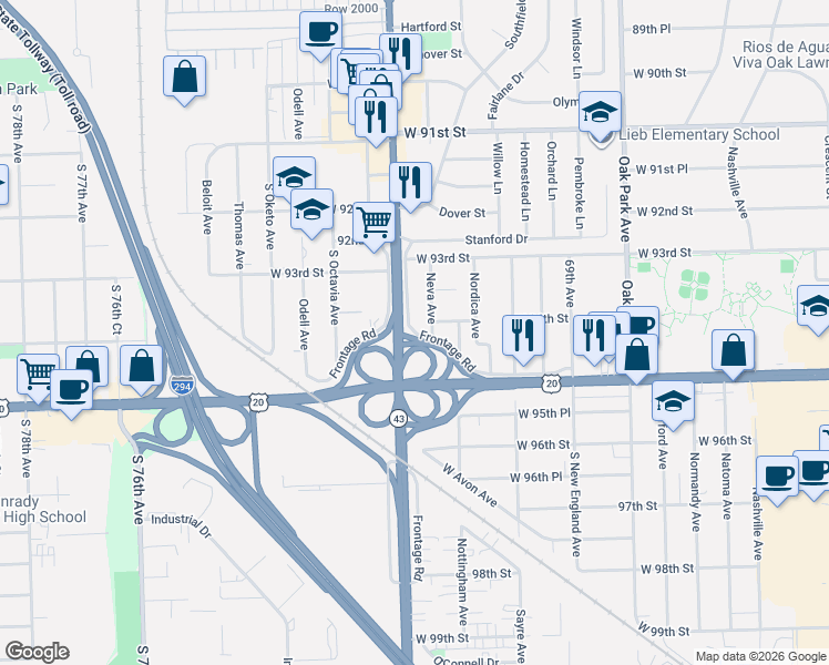 map of restaurants, bars, coffee shops, grocery stores, and more near 9301 South Harlem Avenue in Oak Lawn