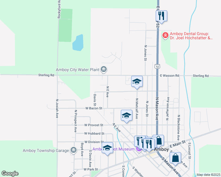 map of restaurants, bars, coffee shops, grocery stores, and more near 28 West Hawley Street in Amboy