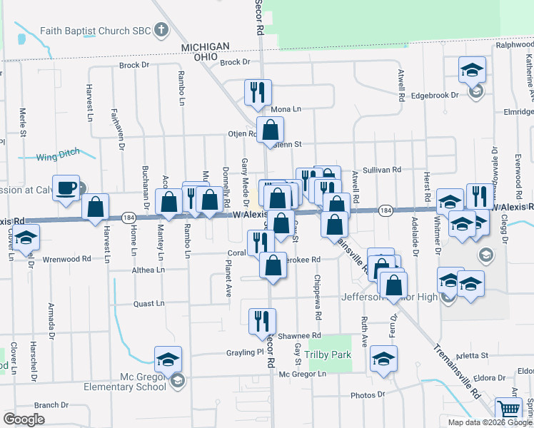 map of restaurants, bars, coffee shops, grocery stores, and more near West Alexis Road in Toledo