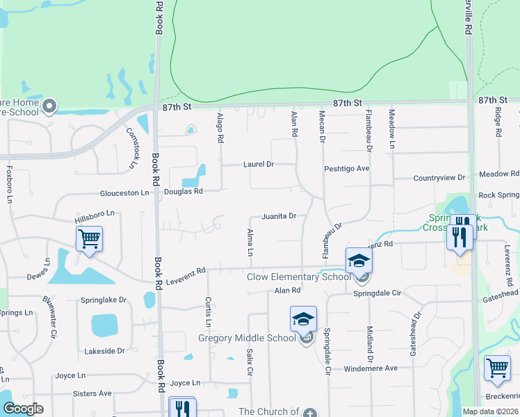 map of restaurants, bars, coffee shops, grocery stores, and more near 28W546 Juanita Drive in Naperville