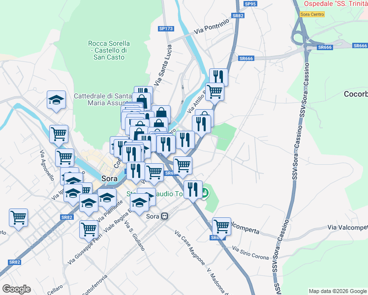 map of restaurants, bars, coffee shops, grocery stores, and more near 35 Via Borgo San Nicola in Sora
