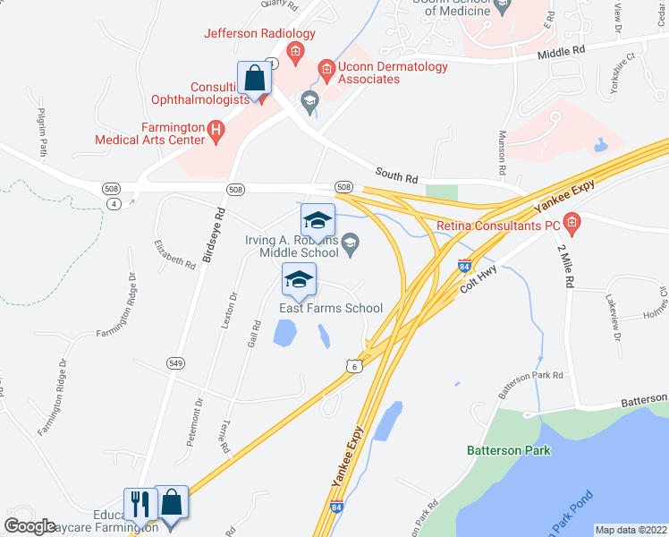 map of restaurants, bars, coffee shops, grocery stores, and more near 20 Wolf Pit Road in Farmington