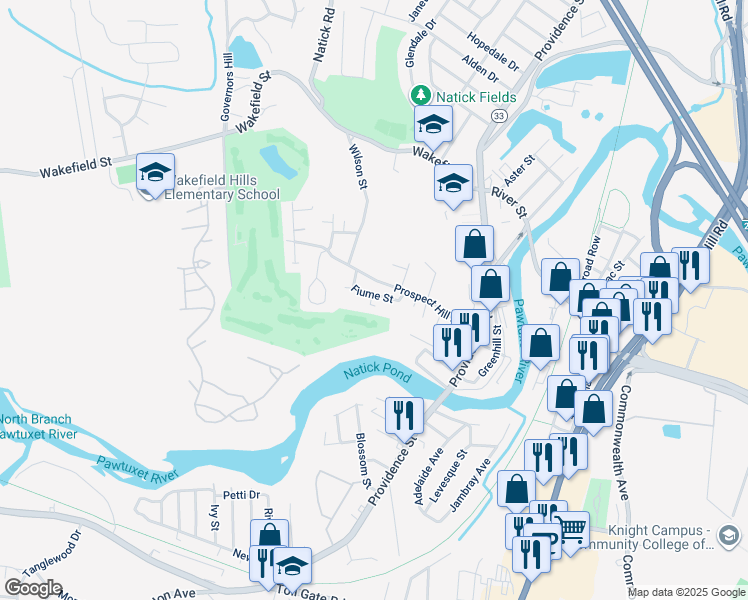 map of restaurants, bars, coffee shops, grocery stores, and more near 40 Fiume Street in West Warwick