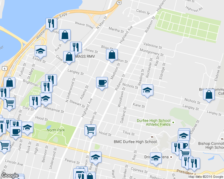 map of restaurants, bars, coffee shops, grocery stores, and more near 405 Langley St in Fall River
