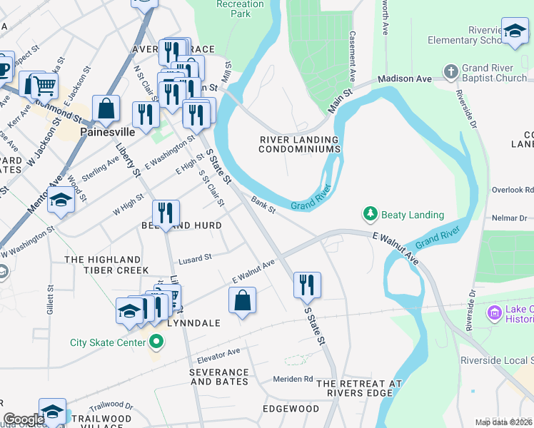 map of restaurants, bars, coffee shops, grocery stores, and more near 324 Bank Street in Painesville