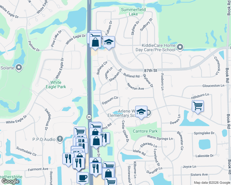 map of restaurants, bars, coffee shops, grocery stores, and more near 2939 White Thorn Circle in Naperville