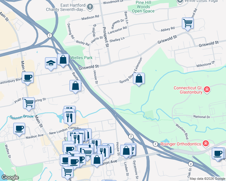 map of restaurants, bars, coffee shops, grocery stores, and more near 240 Spring Street Extension in Glastonbury