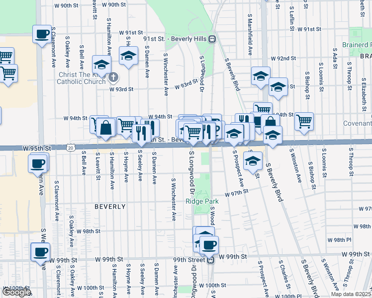 map of restaurants, bars, coffee shops, grocery stores, and more near 1845 West 95th Street in Chicago