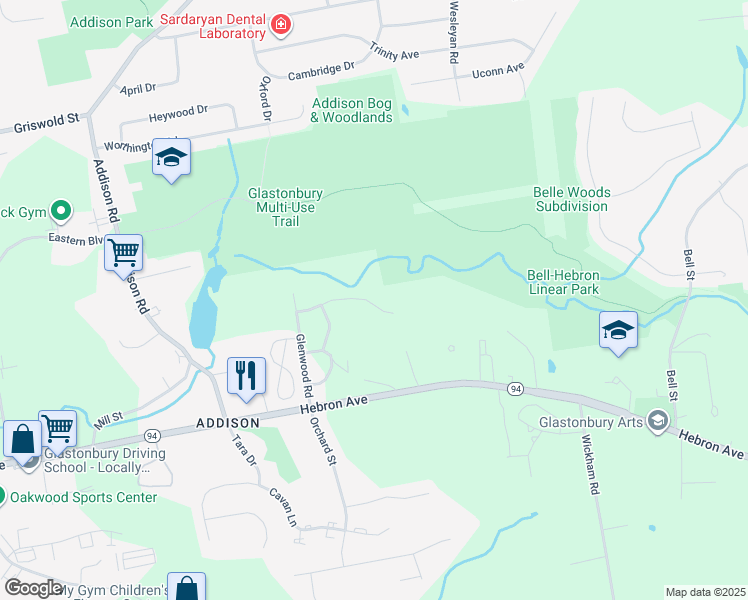 map of restaurants, bars, coffee shops, grocery stores, and more near 85 Oxbow Drive in Glastonbury