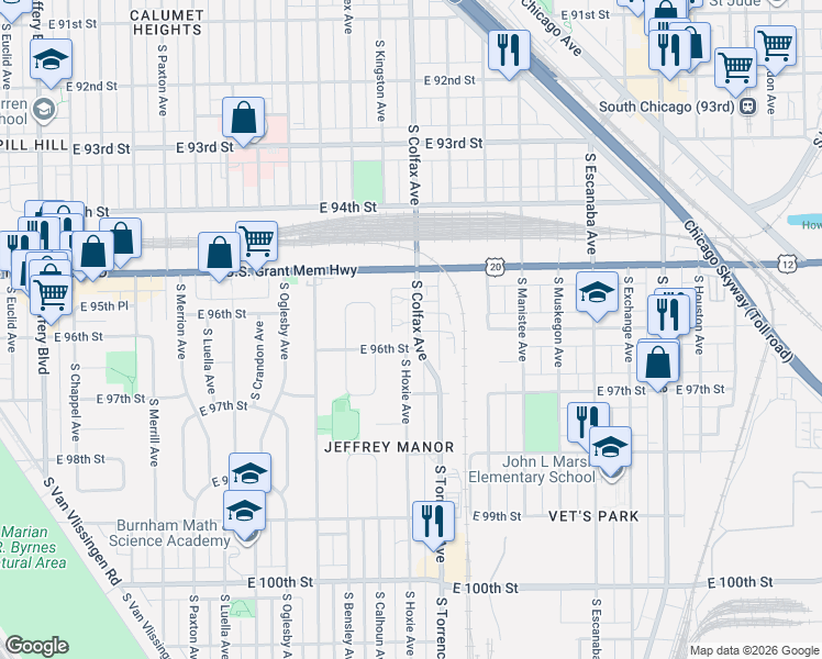 map of restaurants, bars, coffee shops, grocery stores, and more near 9590 South Colfax Avenue in Chicago