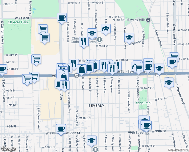 map of restaurants, bars, coffee shops, grocery stores, and more near 2141 U.S. 12 in Chicago