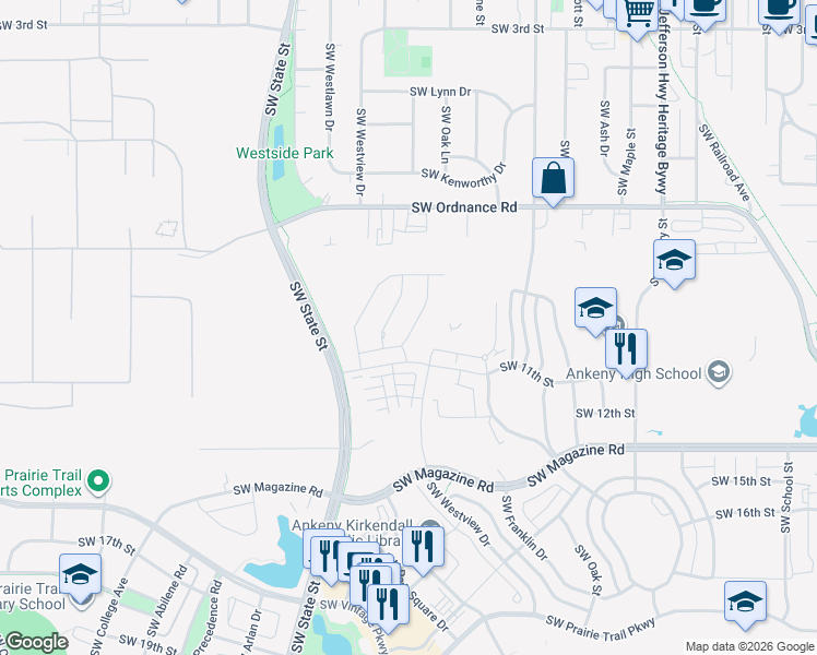 map of restaurants, bars, coffee shops, grocery stores, and more near 1370 Southwest Radcliffe Lane in Ankeny