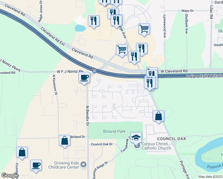 map of restaurants, bars, coffee shops, grocery stores, and more near 3357 Ash Maple Court in South Bend