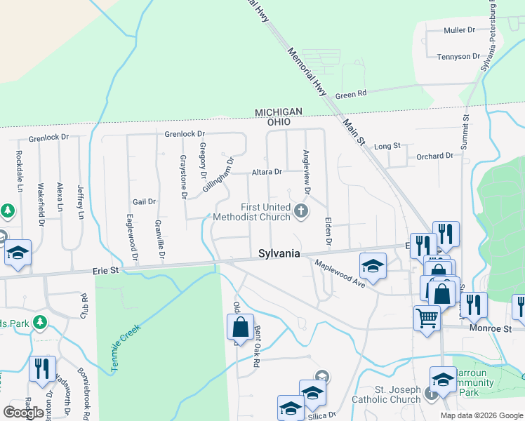 map of restaurants, bars, coffee shops, grocery stores, and more near 5904 Brainard Drive in Sylvania