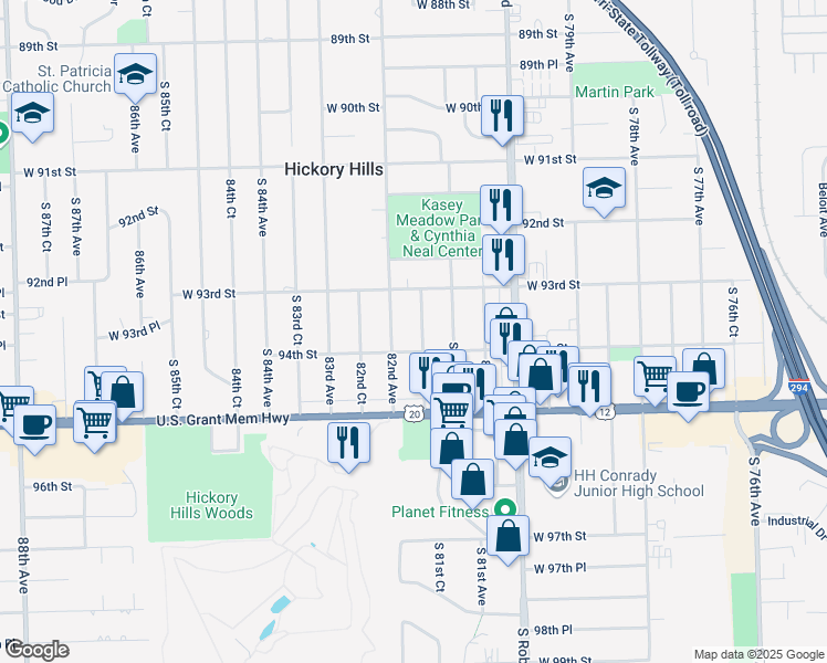 map of restaurants, bars, coffee shops, grocery stores, and more near 9336 South 81st Court in Hickory Hills