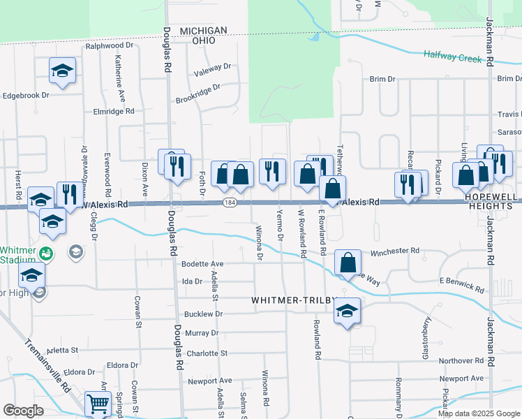 map of restaurants, bars, coffee shops, grocery stores, and more near 2251 West Alexis Road in Toledo