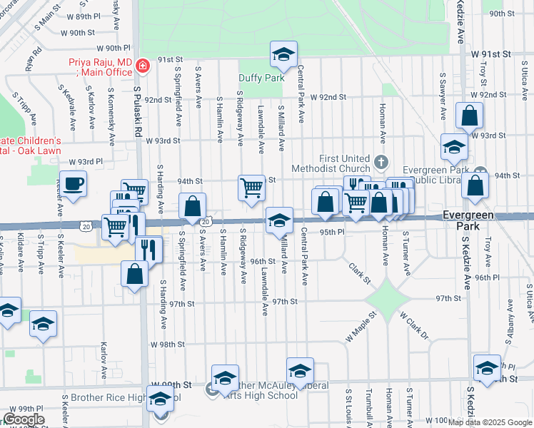 map of restaurants, bars, coffee shops, grocery stores, and more near 3656 95th Street in Evergreen Park