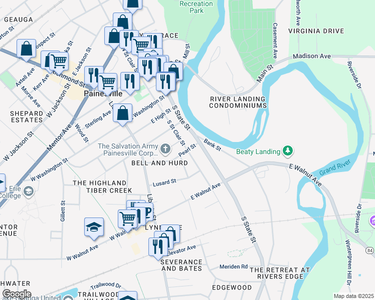 map of restaurants, bars, coffee shops, grocery stores, and more near 299 South Saint Clair Street in Painesville