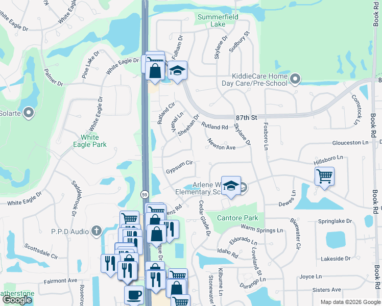 map of restaurants, bars, coffee shops, grocery stores, and more near 2923 White Thorn Circle in Naperville