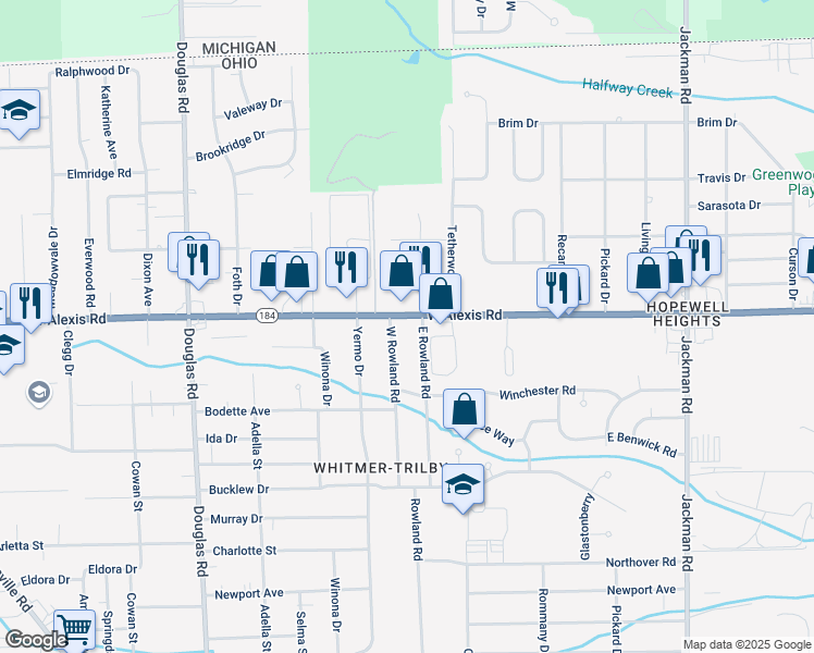 map of restaurants, bars, coffee shops, grocery stores, and more near 2123 West Alexis Road in Toledo