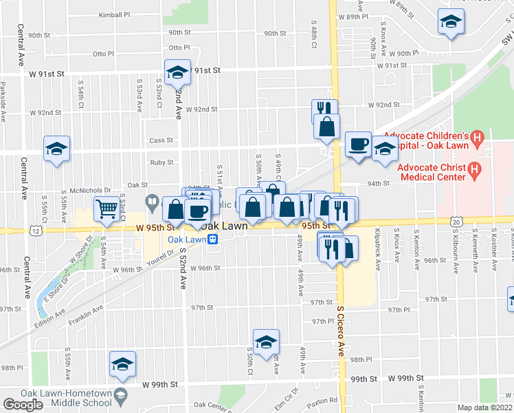 map of restaurants, bars, coffee shops, grocery stores, and more near 5001 Columbus Drive in Oak Lawn
