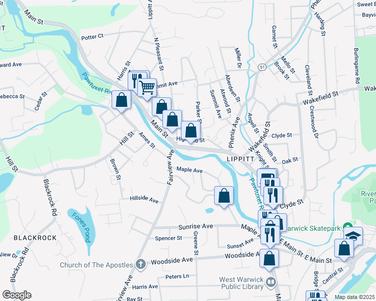 map of restaurants, bars, coffee shops, grocery stores, and more near 778 Main Street in West Warwick