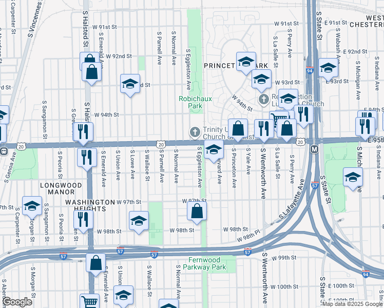 map of restaurants, bars, coffee shops, grocery stores, and more near 412 West 95th Place in Chicago