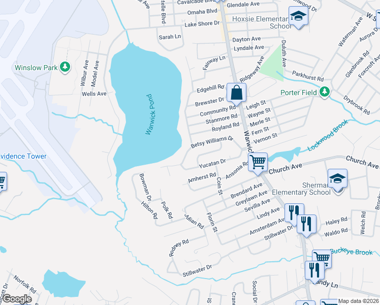 map of restaurants, bars, coffee shops, grocery stores, and more near 166 Betsy Williams Drive in Warwick