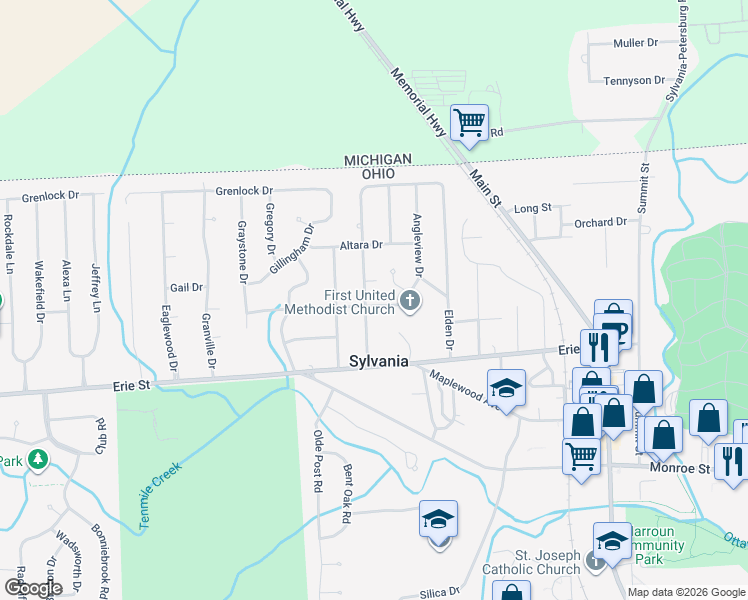 map of restaurants, bars, coffee shops, grocery stores, and more near 5904 Brainard Drive in Sylvania