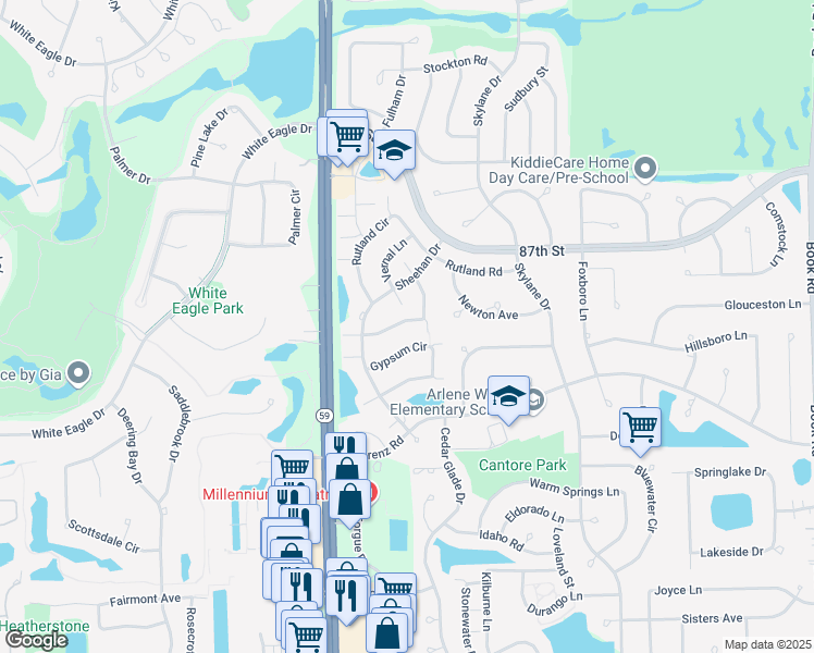 map of restaurants, bars, coffee shops, grocery stores, and more near 2939 White Thorn Circle in Naperville