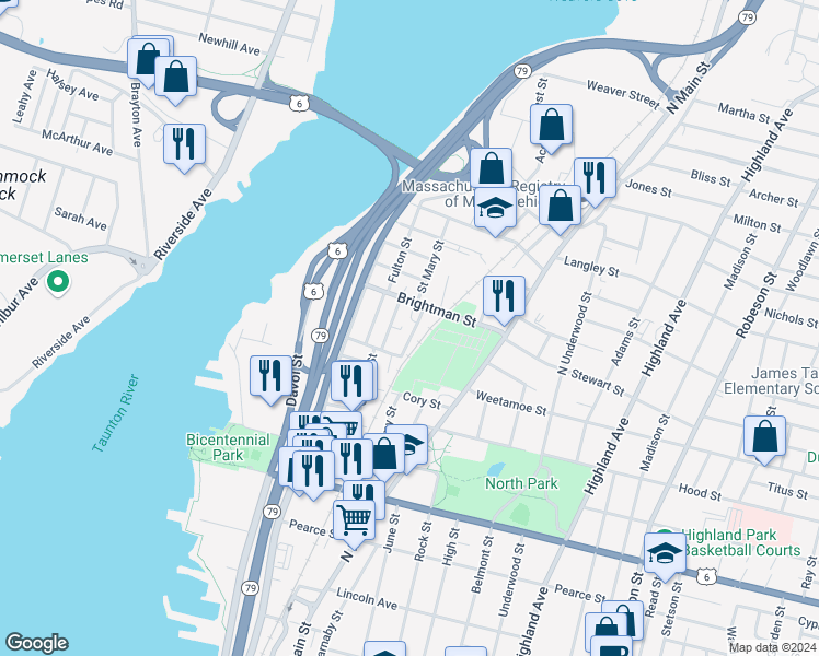 map of restaurants, bars, coffee shops, grocery stores, and more near 79 Murray Street in Fall River