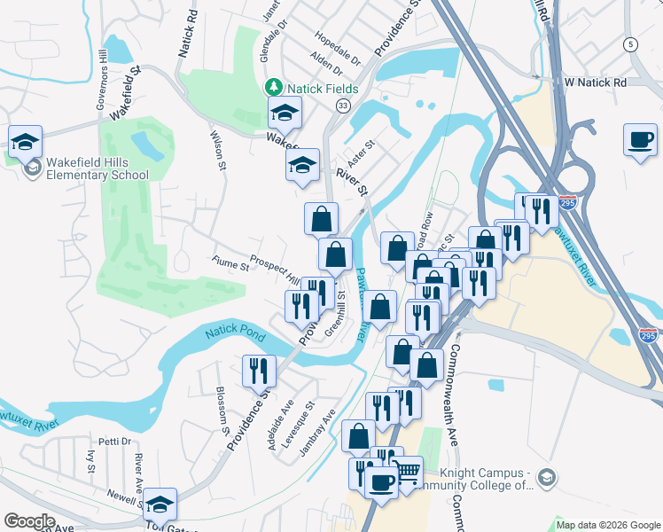 map of restaurants, bars, coffee shops, grocery stores, and more near 6 Prospect Street in West Warwick