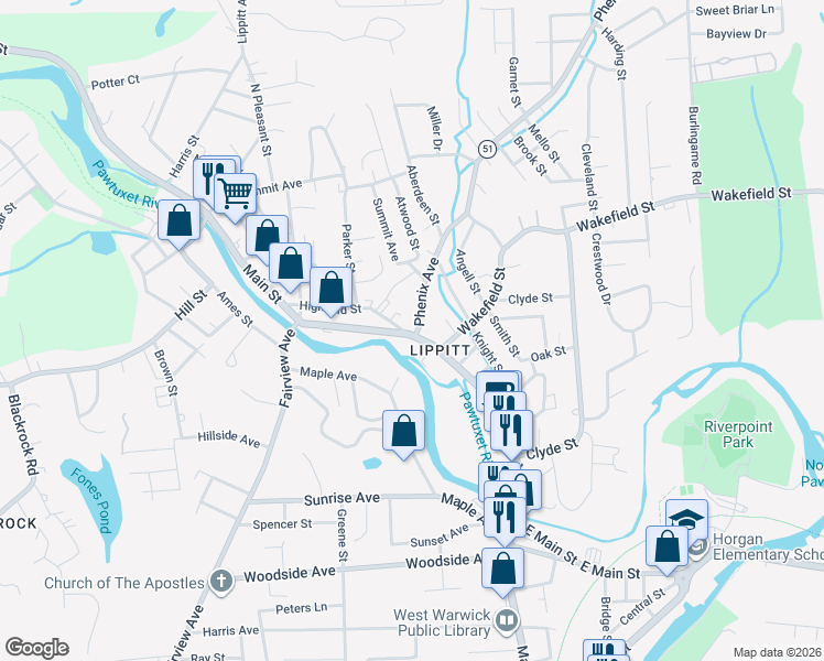 map of restaurants, bars, coffee shops, grocery stores, and more near 6 Phenix Avenue in West Warwick