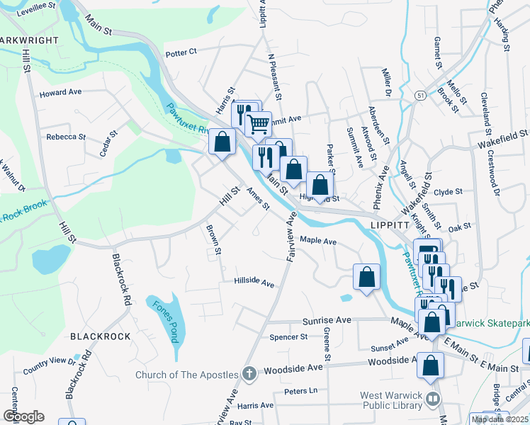 map of restaurants, bars, coffee shops, grocery stores, and more near 15 Ames Street in West Warwick