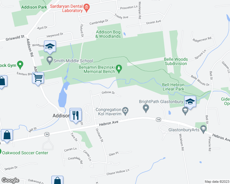 map of restaurants, bars, coffee shops, grocery stores, and more near 24 Stony Brook Drive in Glastonbury