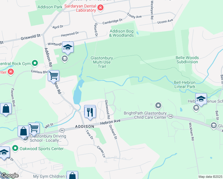 map of restaurants, bars, coffee shops, grocery stores, and more near 30 Stony Brook Drive in Glastonbury