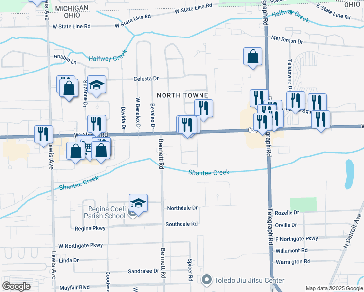 map of restaurants, bars, coffee shops, grocery stores, and more near 337 West Alexis Road in Toledo