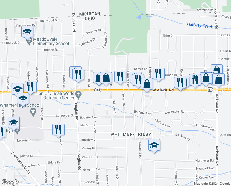 map of restaurants, bars, coffee shops, grocery stores, and more near 2251 West Alexis Road in Toledo