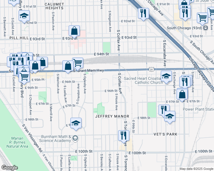 map of restaurants, bars, coffee shops, grocery stores, and more near 9550 South Calhoun Avenue in Chicago