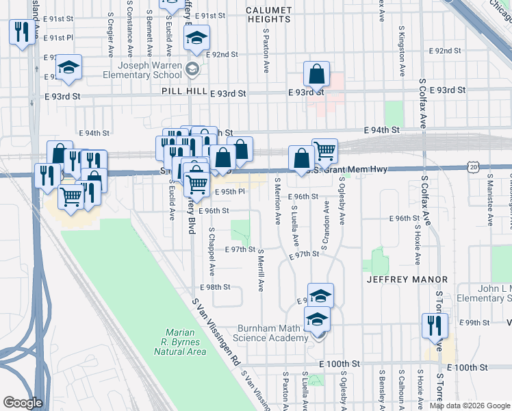 map of restaurants, bars, coffee shops, grocery stores, and more near 9547 South Clyde Avenue in Chicago