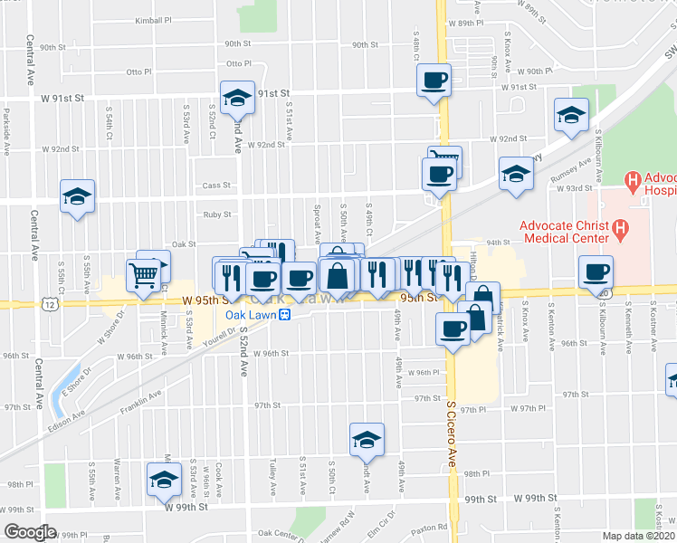 map of restaurants, bars, coffee shops, grocery stores, and more near 4941 Columbus Drive in Oak Lawn