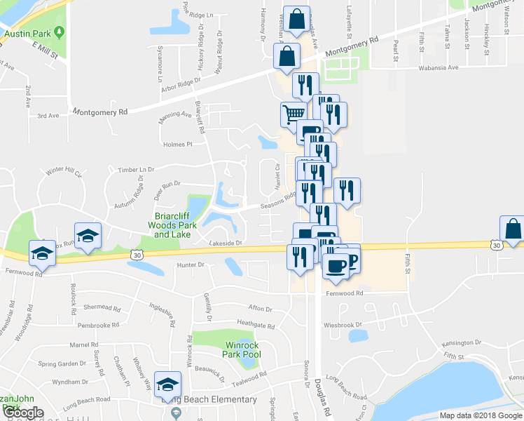 map of restaurants, bars, coffee shops, grocery stores, and more near 1809 Grandview Place in Montgomery