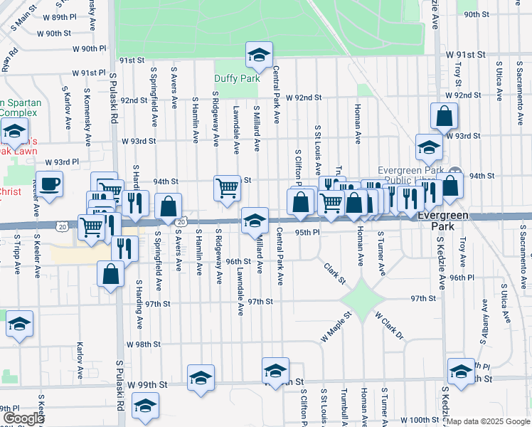 map of restaurants, bars, coffee shops, grocery stores, and more near 3600 West 95th Street in Evergreen Park