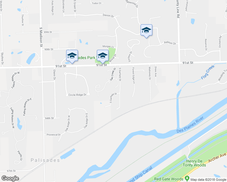 map of restaurants, bars, coffee shops, grocery stores, and more near 27 Rodeo Drive in Burr Ridge