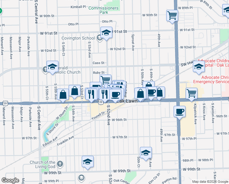 map of restaurants, bars, coffee shops, grocery stores, and more near 9422 Tulley Avenue in Oak Lawn